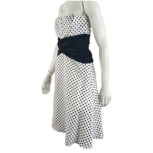 Niki Livas Pin Up Fit Flare Dress Polka Dot Ruched Bandeau Sash Strapless White - Picture 5 of 11